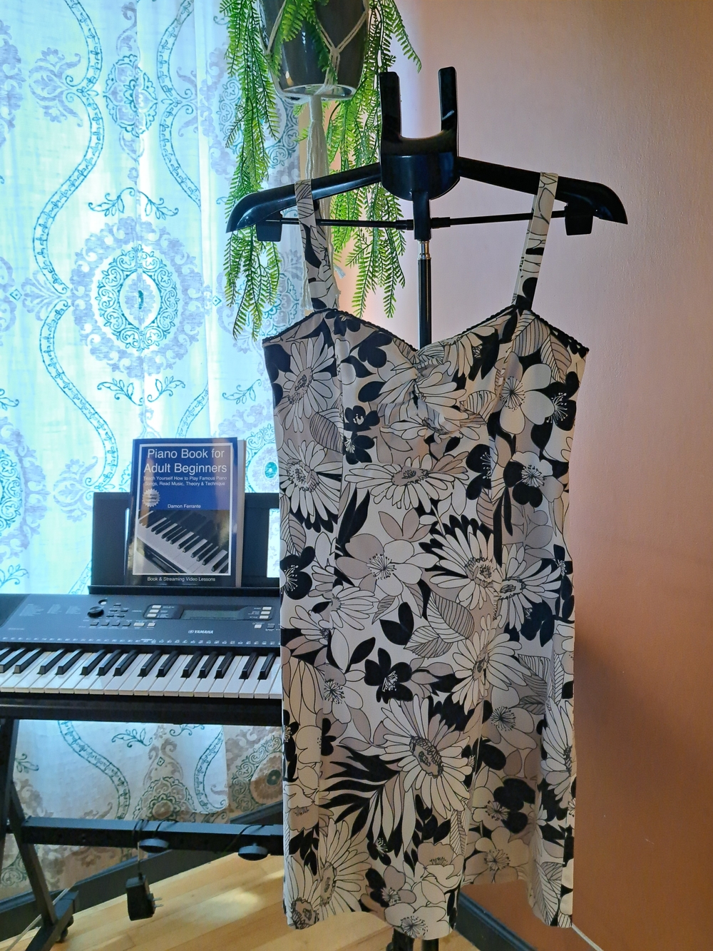 Black and White Floral Midi Dress with Straps